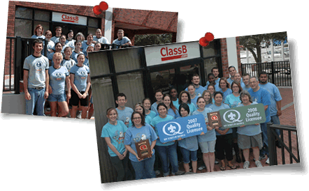 Group photo of ClassB.com staff wearing quality licensee award winning t-shirts