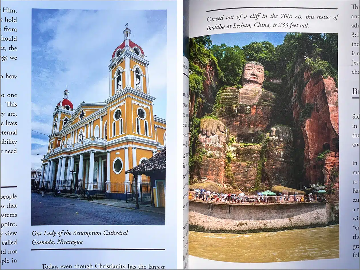 image of castle and statue on facing pages of text book