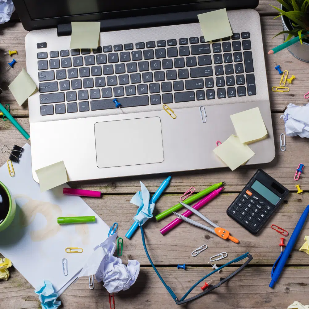 cluttered desk - how to deal with homeschool clutter
